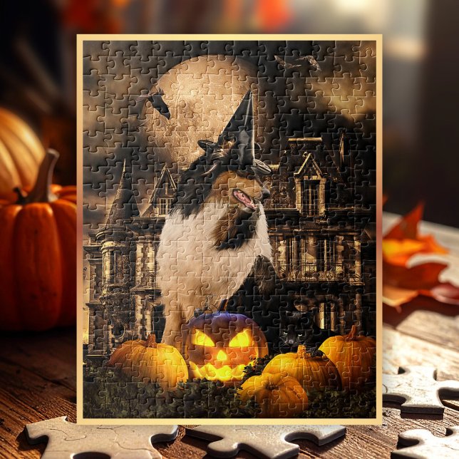 Puzzle Tricolore Collie Sorcerer & Citrouilles, Halloween (Preview shows 11x14" Puzzle. Looks perfect on all vertical or square sizes. )