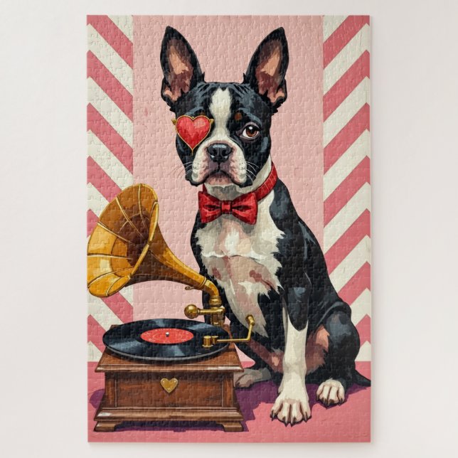 Puzzle Tricot Boston Terrier Monocle de la Saint-Valentin (Vertical)
