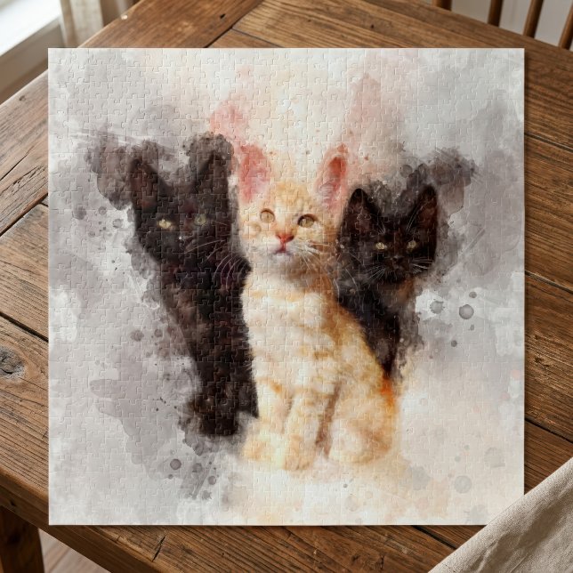Puzzle Trio à l'aquarelle de mignons chatons noirs et ora (Watercolor Trio of Cute Black and Orange Kittens. Jigsaw Puzzle)