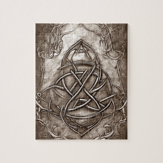 Puzzle Triquetra Trinity Knot Sepia Faux Tin métallique (Vertical)
