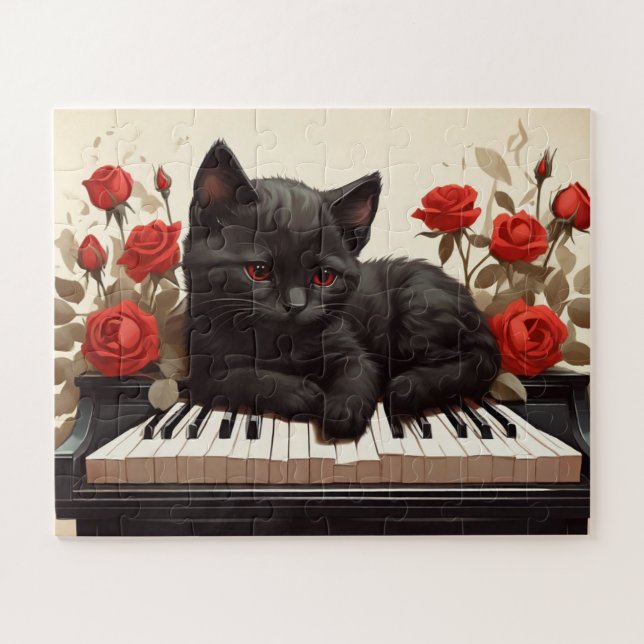 Puzzle Triste chat noir au piano (Horizontal)