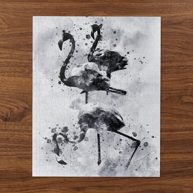 Puzzle Trois flamants rose et blanc aquarelle (Three Flamingos Black and White Watercolor. Jigsaw Puzzle)