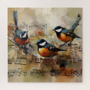 Puzzle Trois oiseaux chanteurs sur une peinture à l'aquar