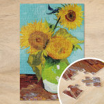Puzzle Trois tournfleurs | Vincent Van Gogh<br><div class="desc">Three Sunflowers (1888) de l'artiste néerlandais Vincent Van Gogh. Un tableau d'art original est une huile sur toile représentant une vie morte de tournesols jaune vif contre un arrière - plan turquoise. 

Utilisez les outils de conception pour ajouter du texte personnalisé ou personnaliser l'image.</div>