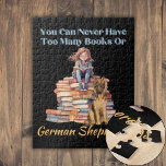 Puzzle Trop de livres berger allemand<br><div class="desc">Notre design "Vous ne pouvez jamais avoir trop de livres ou bergers allemands" présente une fille assise sur une pile de livres et lisant un autre livre dans ses genoux. Un berger allemand attend patiemment à ses côtés. Notre design est parfait si vous êtes un lecteur passionné et aimez les...</div>