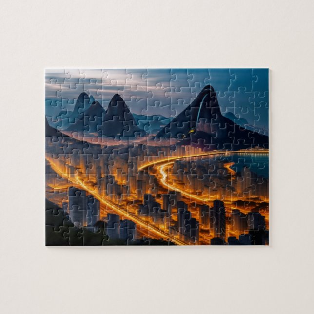 Puzzle Tropical City Skyline Night Beach and Mountains (Horizontal)