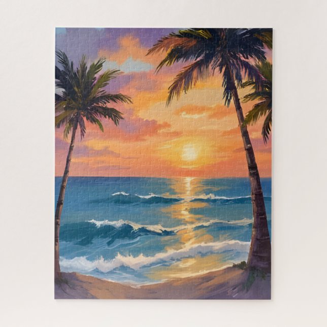 Puzzle Tropical Ocean Sunset Palm Tree Watercolor (Vertical)