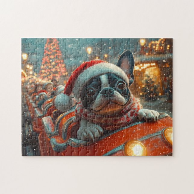 Puzzle Trottinette de Noël pour chien Boston Terrier (Horizontal)