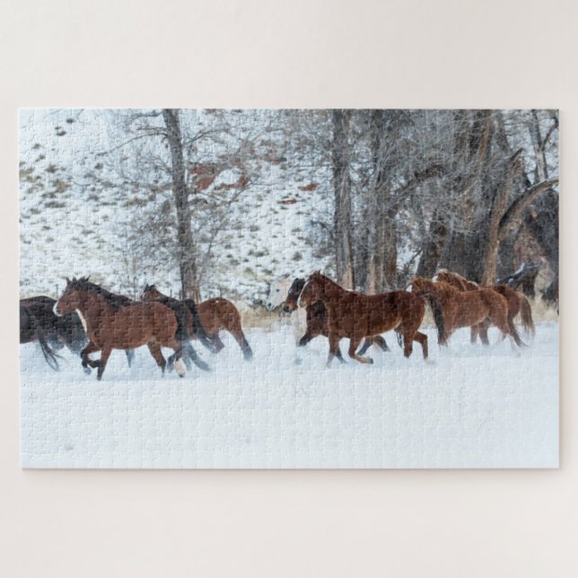Puzzle Troupeau de chevaux qui courent dans la neige (Horizontal)