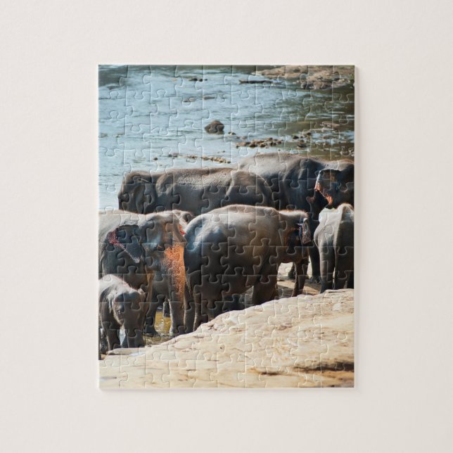 Puzzle Troupeau d'éléphants avec bébé dans l'eau (Vertical)