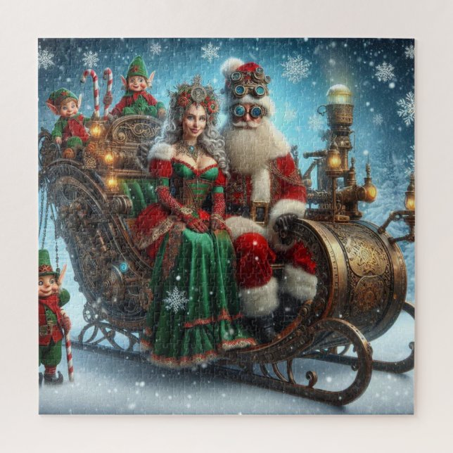 Puzzle Tuile De Steampunk ~ Père Noël Avec Femme Et Elfes (Vertical)
