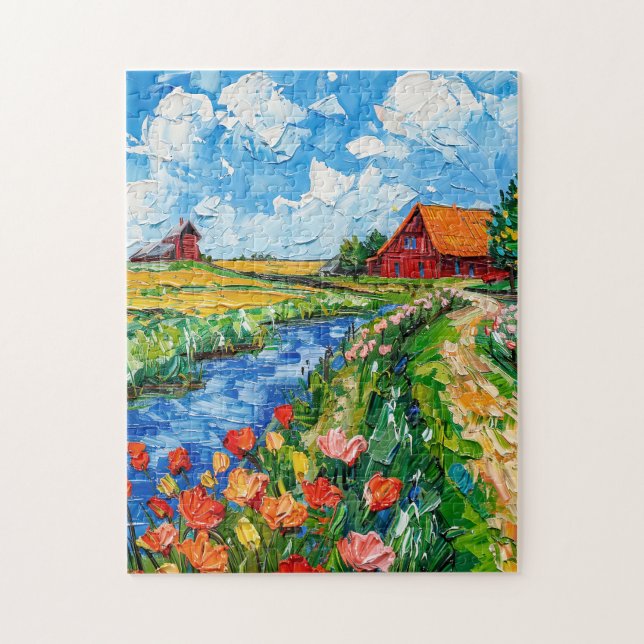 Puzzle Tulip Fields with Barn and Stream Fantasy Painting (Vertical)