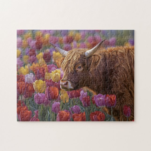 Puzzle Tulipes de printemps de vache des Highlands (Horizontal)