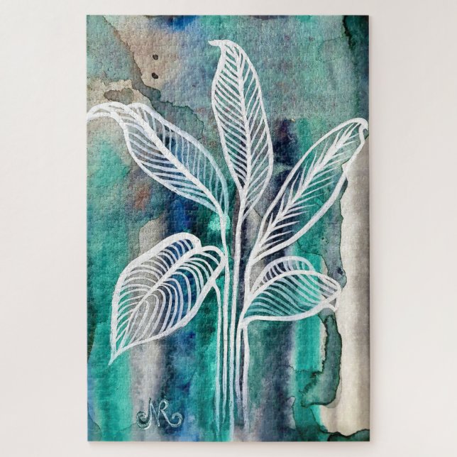Puzzle Turquoise Bleu & Turquoise Aquarelle Botanique Mod (Vertical)