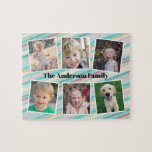 Puzzle Turquoise Gold Orange Stripes Family Photo Collage<br><div class="desc">Ce puzzle photo coloré est un cadeau amusant pour toute famille. Il propose 6 cadres photo pour des photos d'enfants et de membres de la famille. L'arrière - plan est turquoise,  rouge et orange,  rayures d'aquarelle. Le texte personnalisé vous permet de personnaliser avec votre nom de famille.</div>