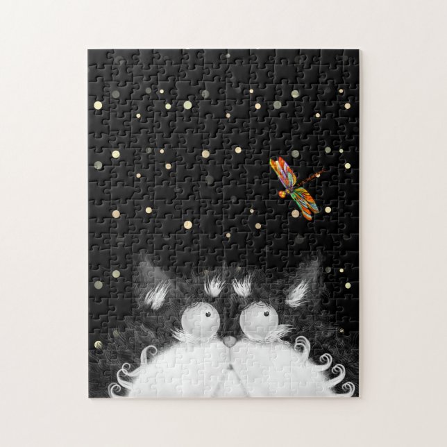 Puzzle Tuxedo Cat surpris par la libellule (Vertical)