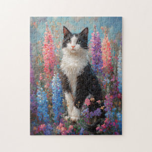 Puzzle Tuxedo Chat Colorful Lupine Fleurs Peinture