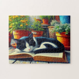 Puzzle Tuxedo Chat dormir sur un livre Jardin Peinture