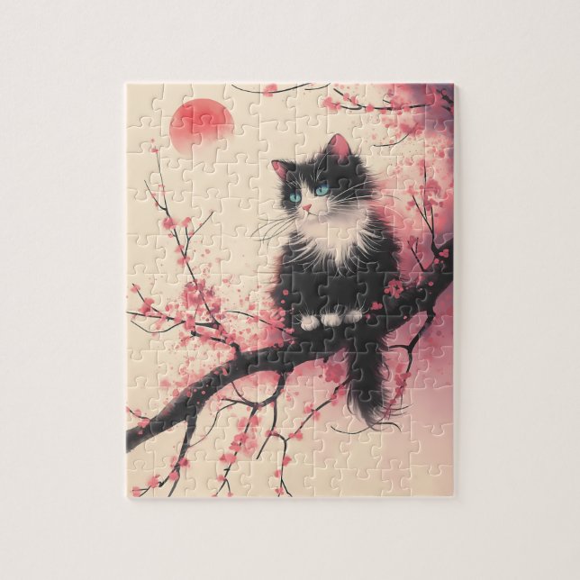 Puzzle Tuxedo Chat sur la fleur de cerise esthétique japo (Vertical)