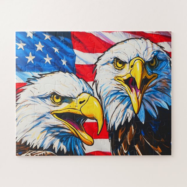 Puzzle Two Eagles Talking - Drapeau américain et Aigles c (Horizontal)