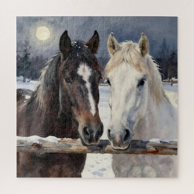Puzzle Two Horses on a Snowy Farm Under the Moon (Vertical)