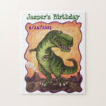 Puzzle Tyrannosaurus Rex Party Center<br><div class="desc">Animal Parade Tyrannosaurus Rex Custom Birthday Party Puzzle features our original art of a playful TRex dinosaur who stands in a brown prehistoric landscape complete with a smoking volcano. Behind the whimsical dinosaur is a textured yellow, orange sky and a playful wavy purple border. This cute dinosaur from the front...</div>