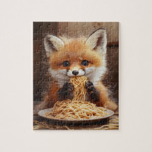 Puzzle Un adorable bébé renard rouge mangeant des spaghet