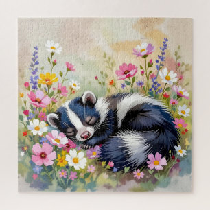 Puzzle Un adorable mouffette faisant la sieste dans les f