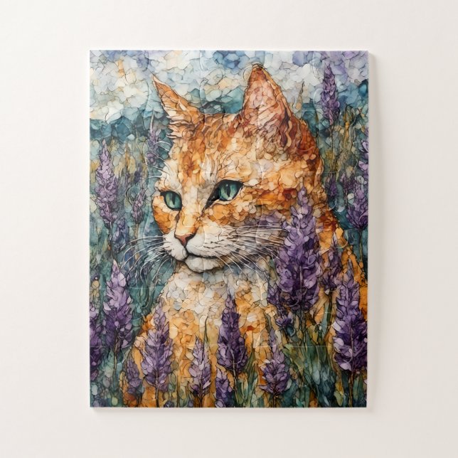 Puzzle Un beau chat gingembre dans un champ de lavande (Vertical)