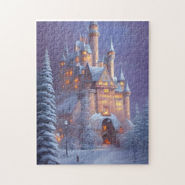 Puzzle Un beau château illuminé dans la neige (Vertical)