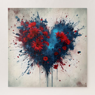 Puzzle Un coeur bleu éclatant avec des fleurs rouges