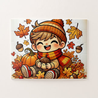 Puzzle Un enfant souriant tenant un gland à l'automne