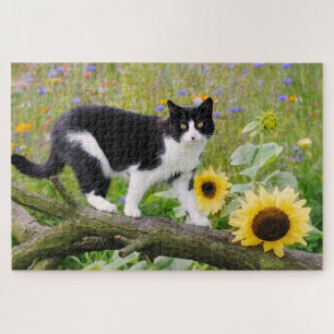 Puzzle Un mignon chat tuxedo sur une branche d'arbre avec