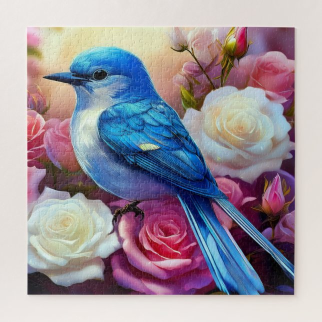 Puzzle Un oiseau bleu perché sur un amas de roses en fleu (Vertical)