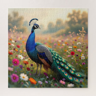 Puzzle Un paon coloré et des fleurs 