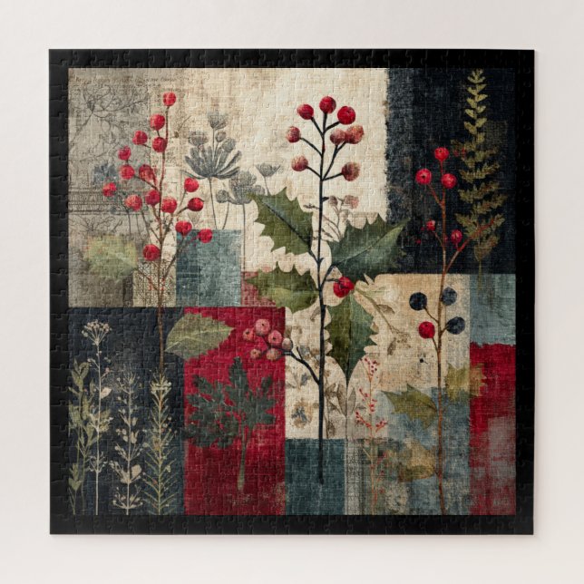 Puzzle Un Patchwork Rustique d'Hiver aux Baies de Houx (Vertical)
