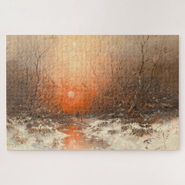 Puzzle Un sentier forestier avec chasseur au coucher du s (Horizontal)
