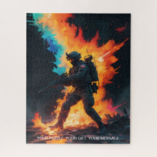 Puzzle Un soldat dans les flammes se tient au milieu de l