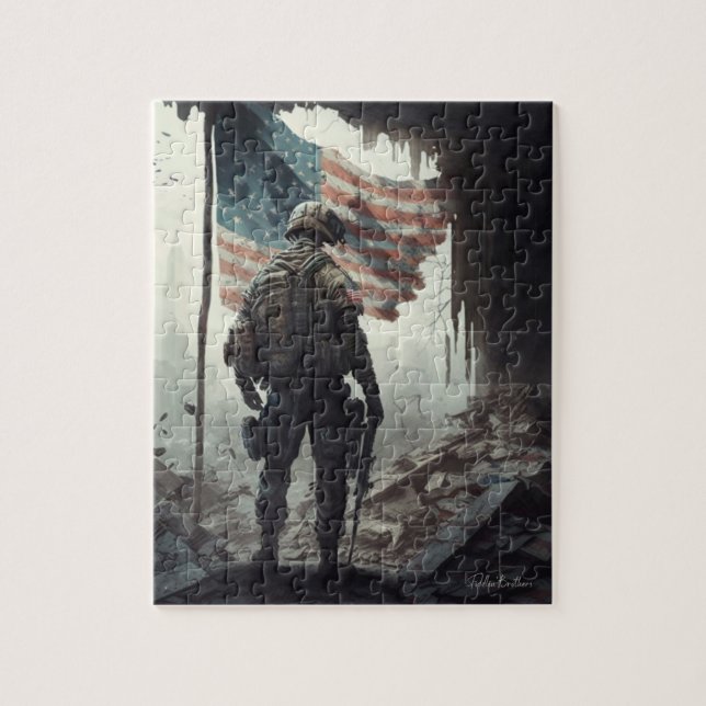 Puzzle Un Soldat Patriote Américain Garde Le Drapeau (Vertical)