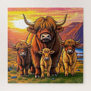Puzzle Une adorable famille de vache des Highlands.