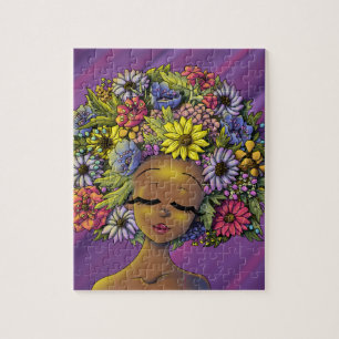 Puzzle Une femme afro-américaine avec un afro fleuri