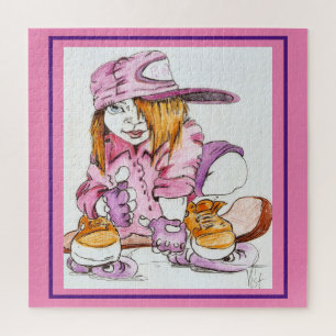 PUZZLE UNE FILLE DE SKATER EN ROSE SUR UN SKATEBOARD SUR