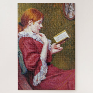 Puzzle Une jeune femme aux cheveux rouges lisant un bon l