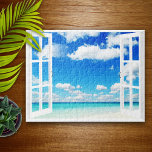 Puzzle Une journée à la plage<br><div class="desc">Belle aquarelle couleur de l'eau bleu cristal et tout aussi brillant ciel bleu par la fenêtre ouverte à votre villa de vacances de plage de sable blanc tropicale.</div>