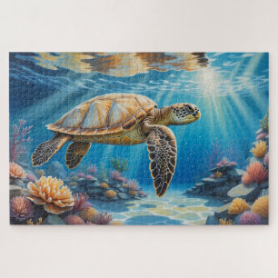 Puzzle une mer tortue nageant dans la barrière de cor