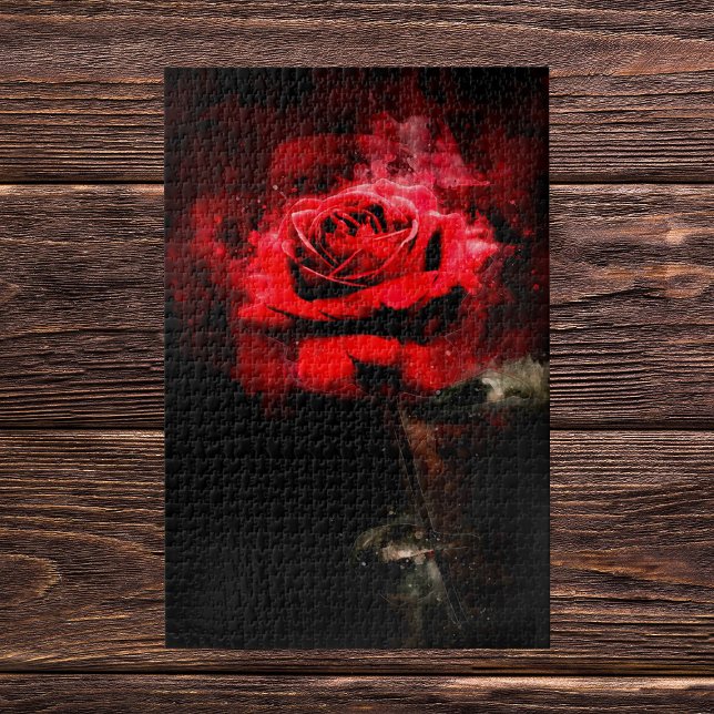 Puzzle Une rose rouge aquarelle sur fond noir (One Red Rose Watercolor on Black Background. Jigsaw Puzzle)