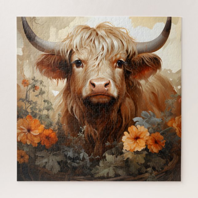 Puzzle Une série de vaches des Highlands florales Design  (Vertical)