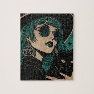 Puzzle Une sorcière avec son chat noir Gravure sur bois