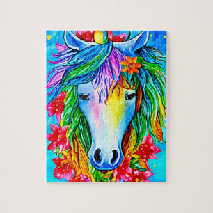 Puzzle Unicorne Abstraite Fleurs de visage aquarelle Art