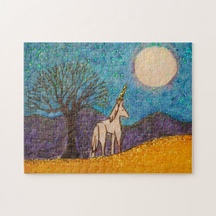 Puzzle Unicorne avec un chêne regardant la lune
